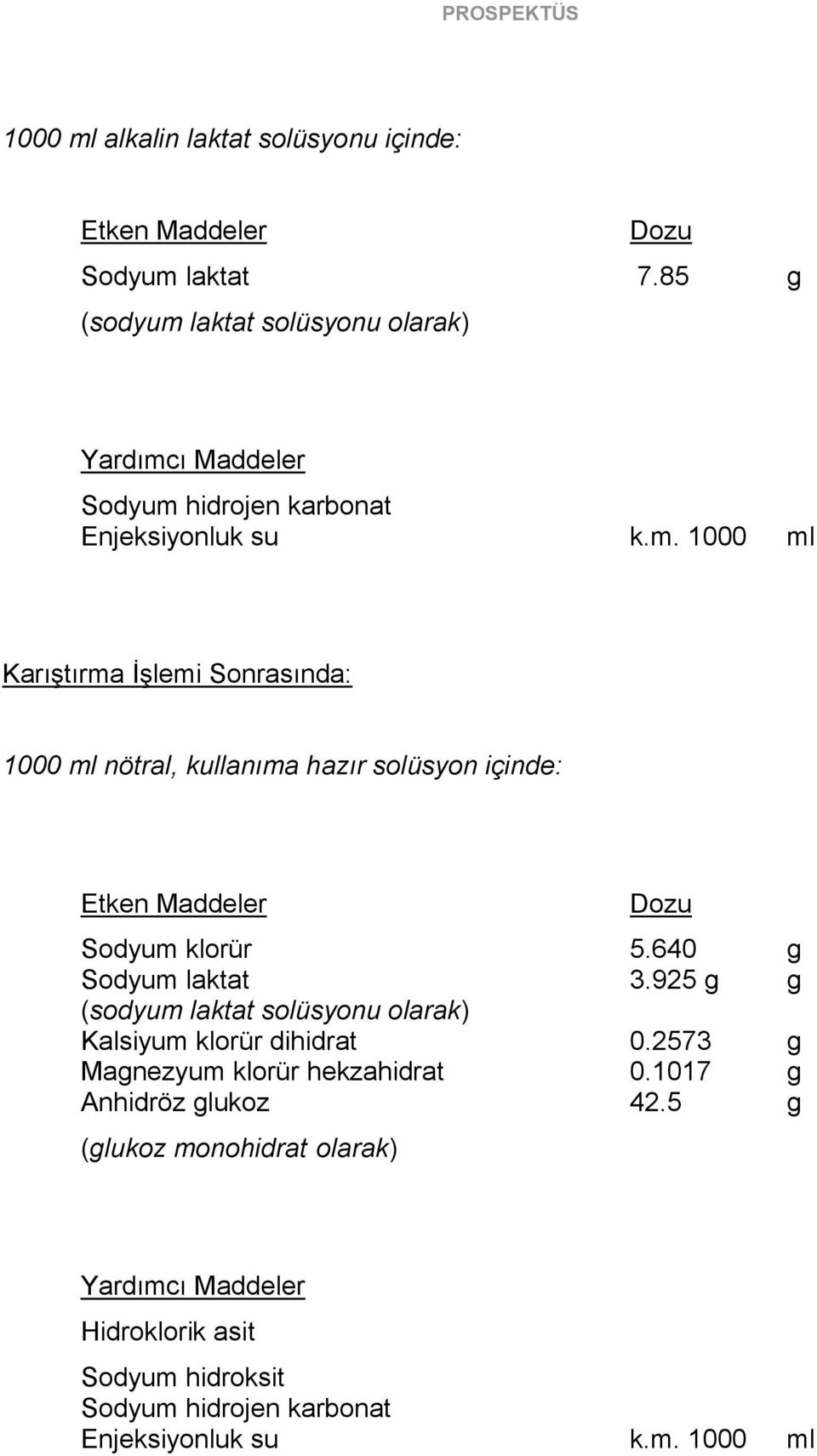 640 g Sodyum laktat 3.925 g g (sodyum laktat solüsyonu olarak) Kalsiyum klorür dihidrat 0.2573 g Magnezyum klorür hekzahidrat 0.