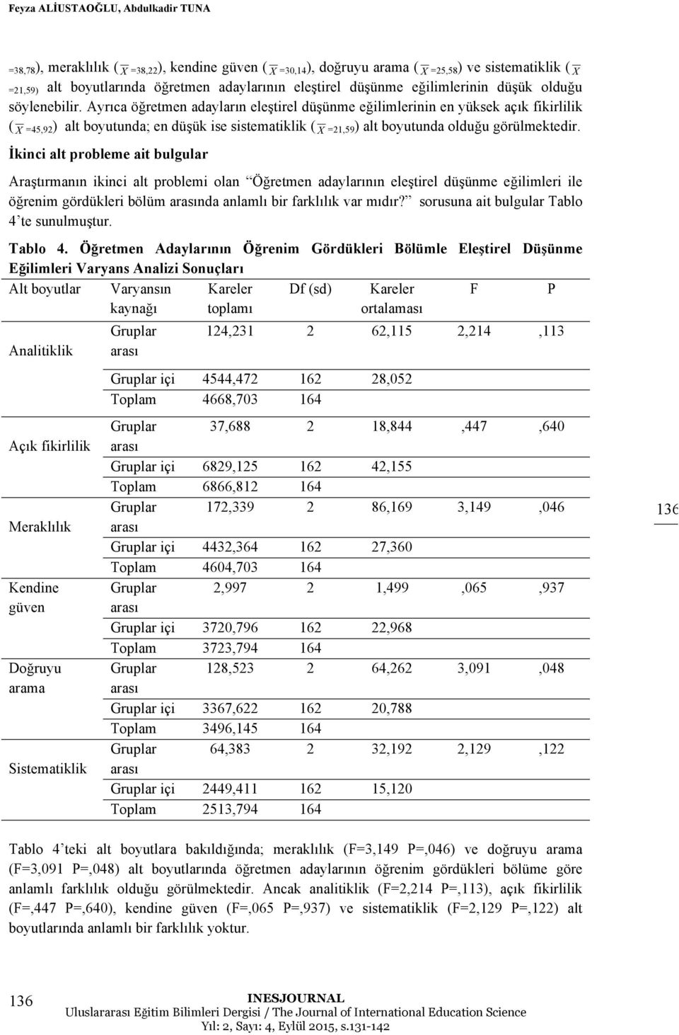 Ayrıca öğretmen adayların eleştirel düşünme eğilimlerinin en yüksek açık fikirlilik ( X =45,92 ) alt boyutunda; en düşük ise sistematiklik ( X =21,59 ) alt boyutunda olduğu görülmektedir.