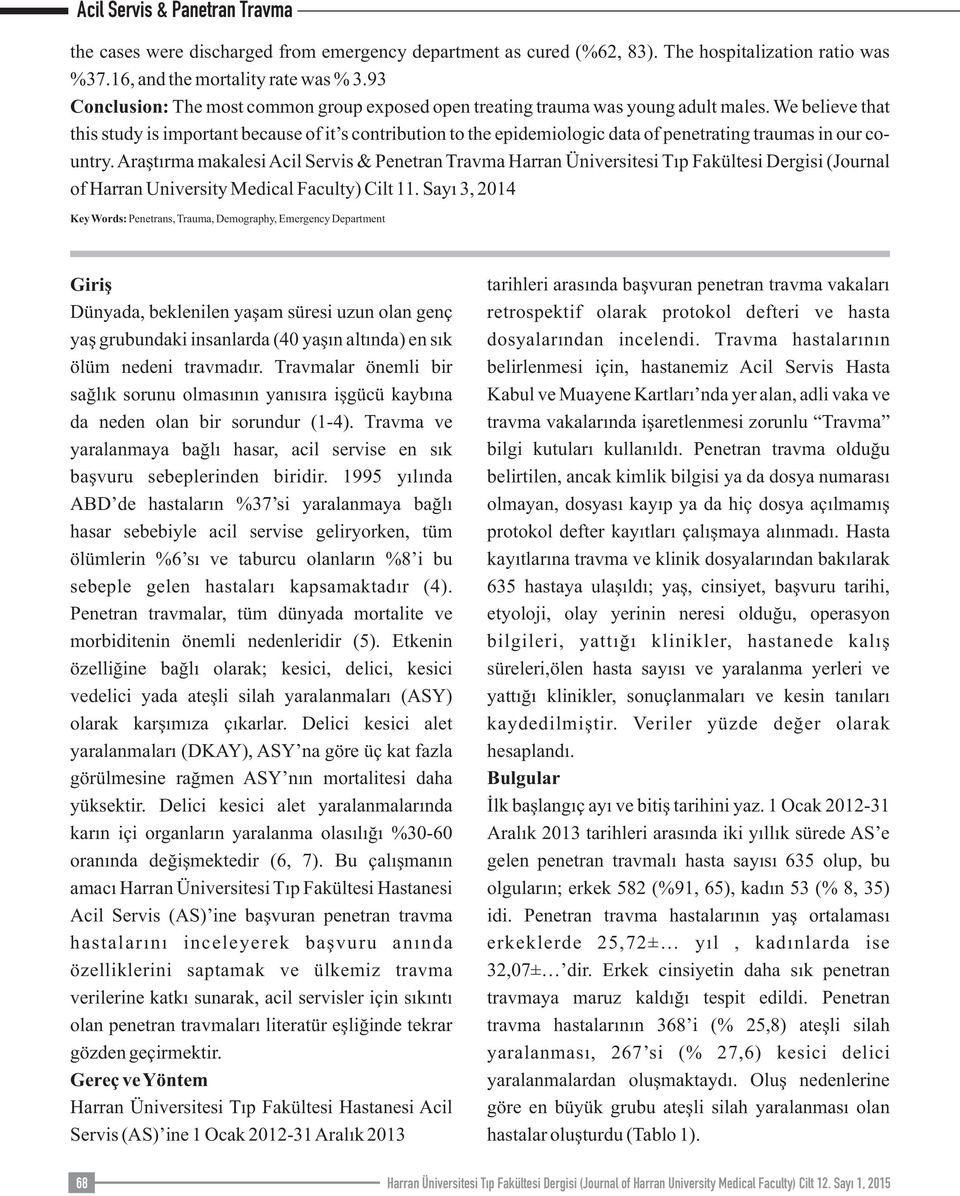 We believe that this study is important because of it s contribution to the epidemiologic data of penetrating traumas in our country.