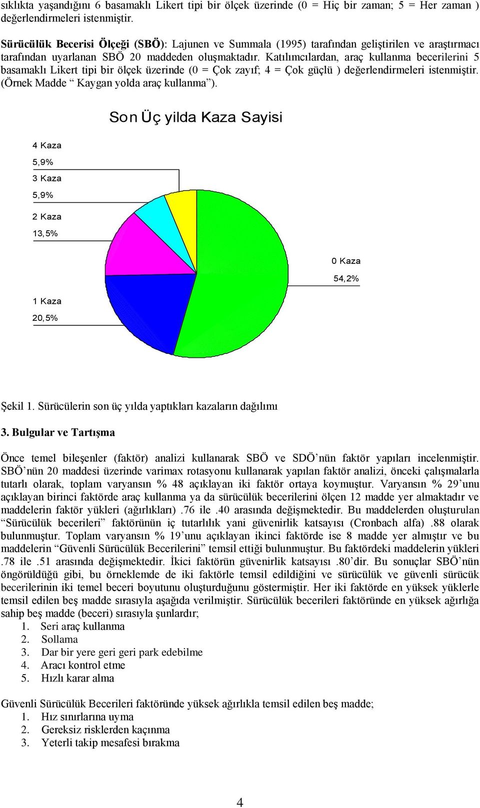 Katılımcılardan, araç kullanma becerilerini 5 basamaklı Likert tipi bir ölçek üzerinde (0 = Çok zayıf; 4 = Çok güçlü ) değerlendirmeleri istenmiştir. (Örnek Madde Kaygan yolda araç kullanma ).