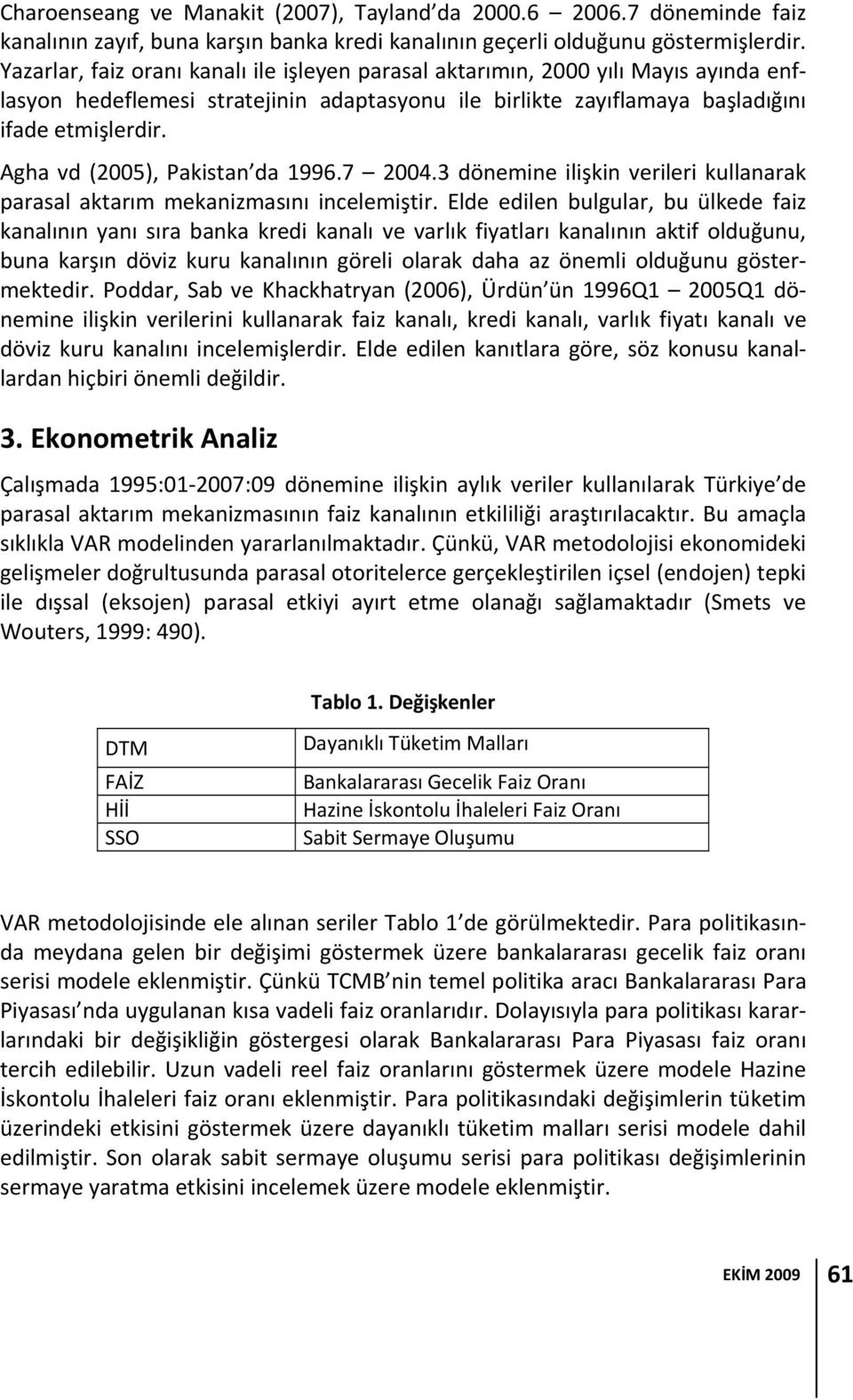 Agha vd (2005), Pakisan da 996.7 2004.3 dönemine ilişkin verileri kullanarak parasal akarım mekanizmasını incelemişir.