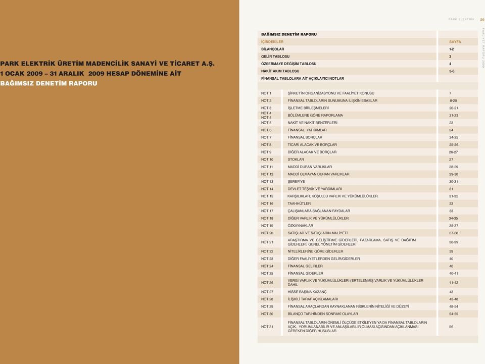 TABLOLARA AİT AÇIKLAYICI NOTLAR NOT 1 Şirket in Organizasyonu ve Faaliyet Konusu 7 NOT 2 Finansal Tabloların Sunumuna İlişkin Esaslar 8-20 NOT 3 İşletme Birleşmeleri 20-21 NOT 4 NOT 4 BÖLÜMLERE GÖRE