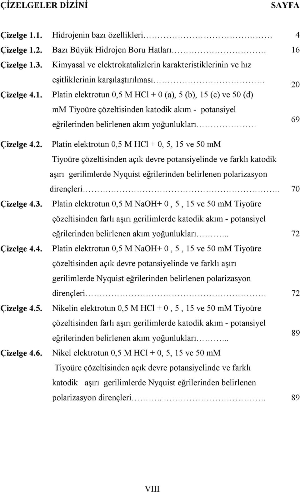 Platin elektrotun 0,5 M HCl + 0 (a), 5 (b), 15 (c) ve 50 (d) mm Tiyoüre çözeltisinden katodik akım - potansiyel eğrilerinden belirlenen akım yoğunlukları 16 