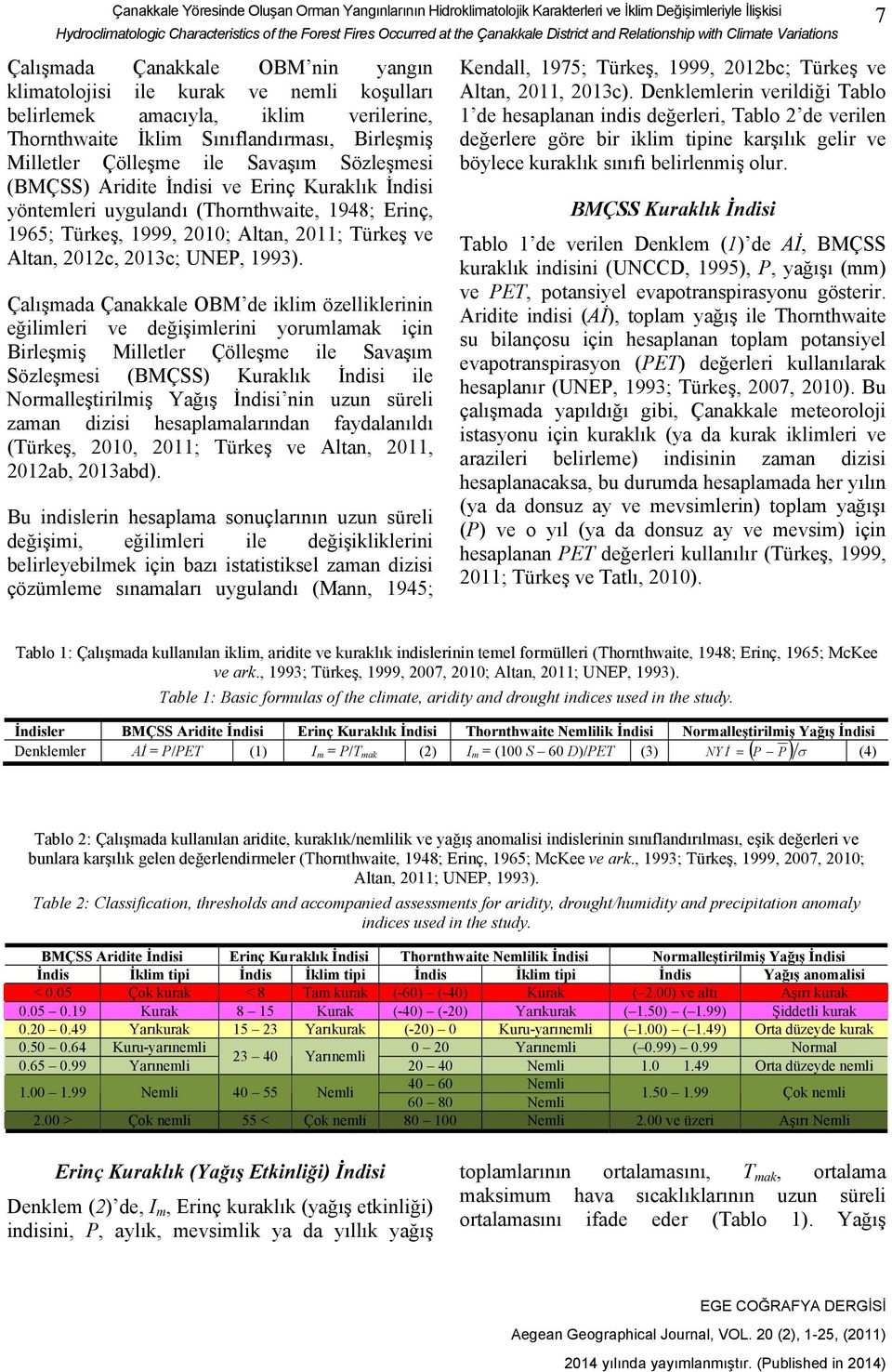 Birleşmiş Milletler Çölleşme ile Savaşım Sözleşmesi (BMÇSS) Aridite İndisi ve Erinç Kuraklık İndisi yöntemleri uygulandı (Thornthwaite, 1948; Erinç, 1965; Türkeş, 1999, 2010; Altan, 2011; Türkeş ve