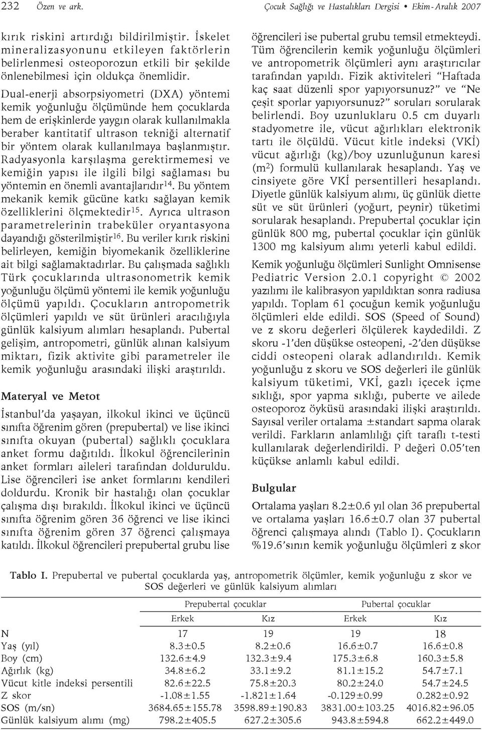 Dual-enerji absorpsiyometri (DXA) yöntemi kemik yoğunluğu ölçümünde hem çocuklarda hem de erişkinlerde yaygın olarak kullanılmakla beraber kantitatif ultrason tekniği alternatif bir yöntem olarak