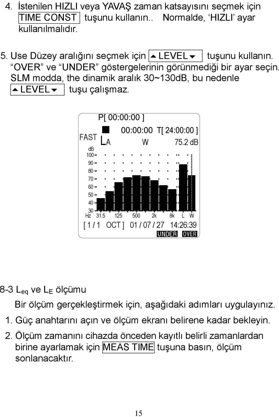 SLM modda, the dinamik aralık 30~130, bu nedenle LEVEL tuşu çalışmaz. FAST LA 100 90 80 70 60 50 40 30 Hz 31.5 125 500 W 75.