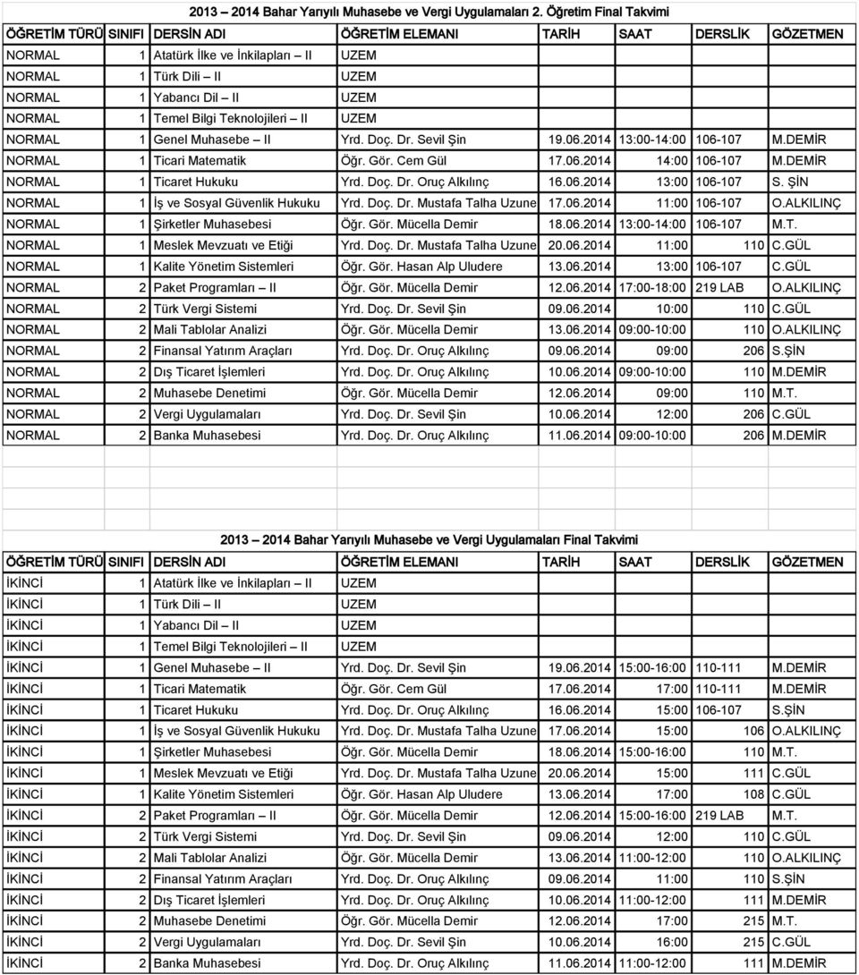 ŞİN NORMAL 1 İş ve Sosyal Güvenlik Hukuku Yrd. Doç. Dr. Mustafa Talha Uzune 17.06.2014 11:00 106-107 O.ALKILINÇ NORMAL 1 Şirketler Muhasebesi Öğr. Gör. Mücella Demir 18.06.2014 13:00-14:00 106-107 M.