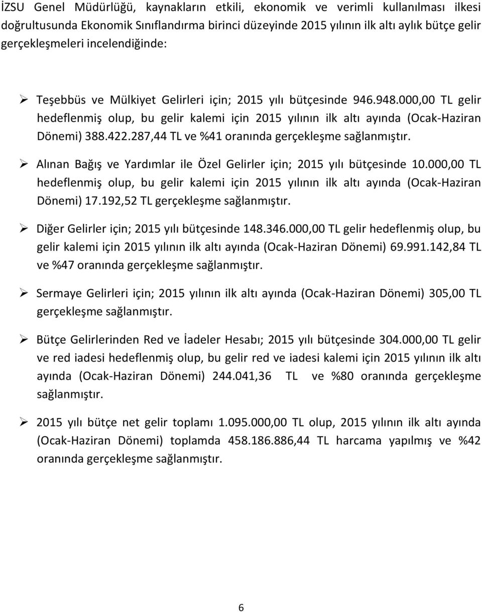 287,44 TL ve %41 oranında gerçekleşme sağlanmıştır. Alınan Bağış ve Yardımlar ile Özel Gelirler için; 2015 yılı bütçesinde 10.