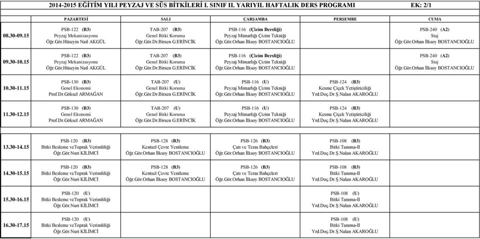 Mekanizasyonu TAB-207 (B3) Genel Bitki Koruma PSB-116 (Çizim Dersliği) Peyzaj Mimarlığı Çizim Tekniği PSB-240 (A2) PSB-130 (B3) Genel Ekonomi Prof.Dr.