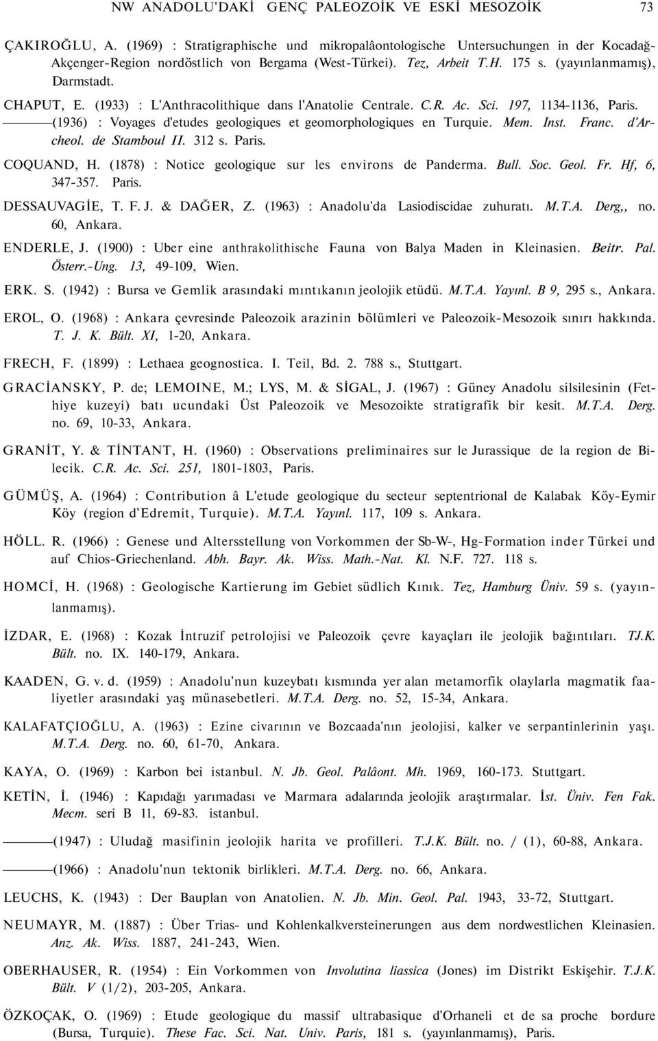 (1933) : L'Anthracolithique dans l'anatolie Centrale. C.R. Ac. Sci. 197, 1134-1136, Paris. (1936) : Voyages d'etudes geologiques et geomorphologiques en Turquie. Mem. Inst. Franc. d'archeol.