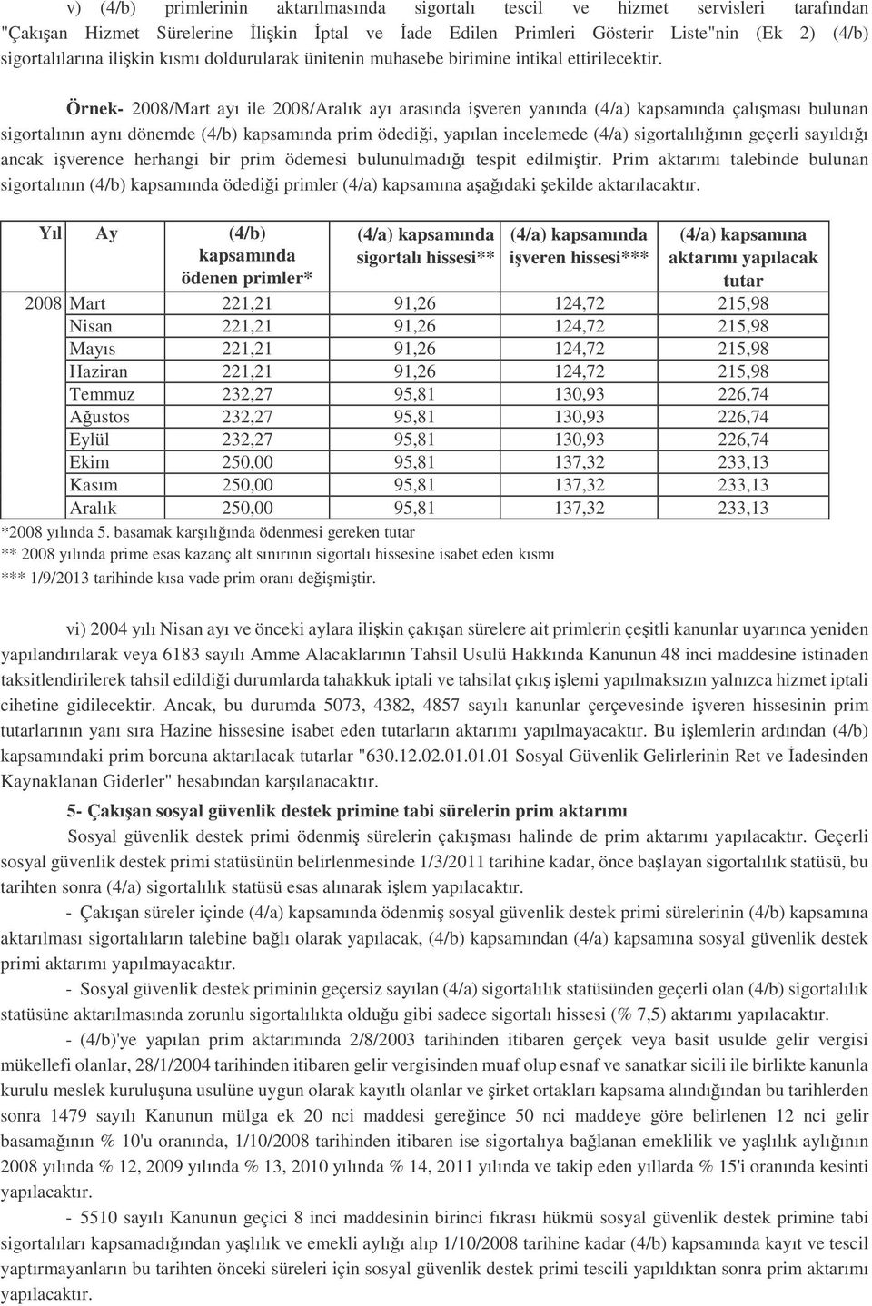 Örnek- 2008/Mart ayı ile 2008/Aralık ayı arasında iveren yanında (4/a) kapsamında çalıması bulunan sigortalının aynı dönemde (4/b) kapsamında prim ödedii, yapılan incelemede (4/a) sigortalılıının