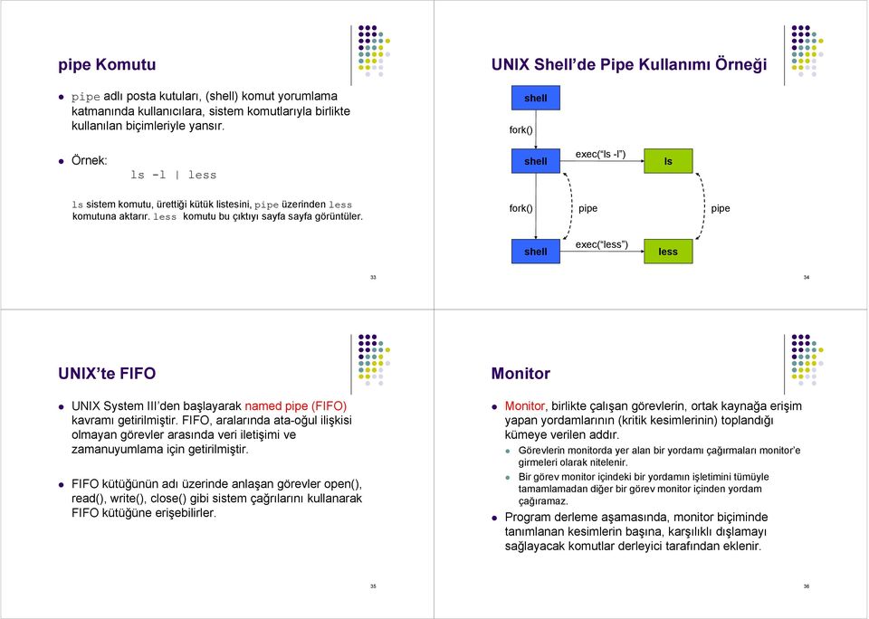 less komutu bu çıktıyı sayfa sayfa görüntüler. fork() pipe pipe shell exec( less ) less 33 34 UNIX te FIFO UNIX System III den başlayarak named pipe (FIFO) kavramı getirilmiştir.