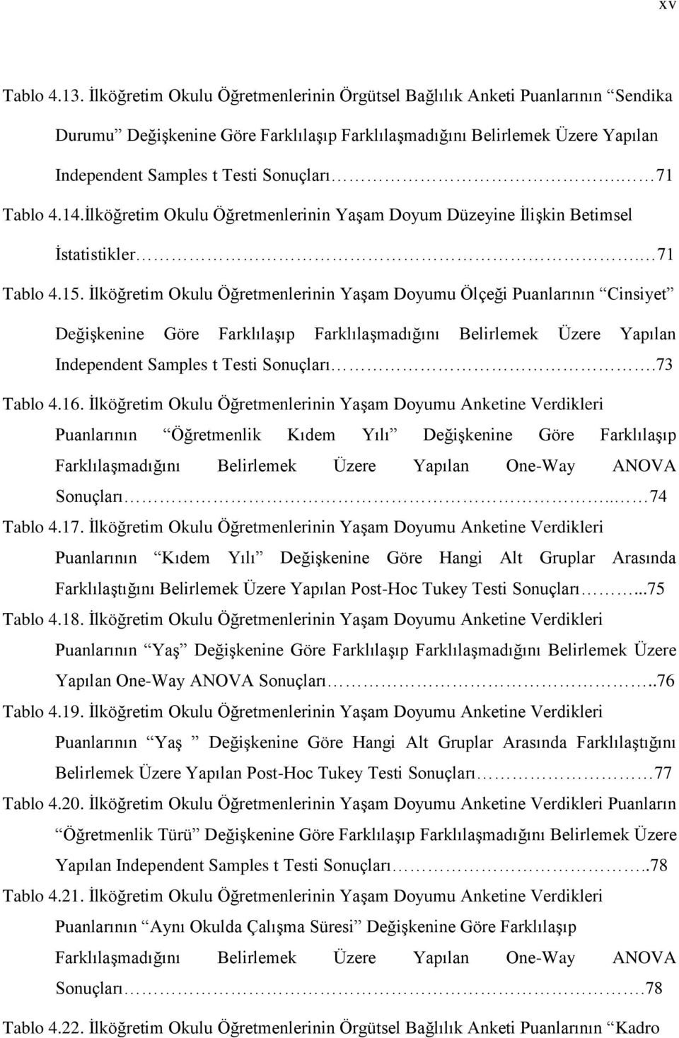 71 Tablo 4.14.İlköğretim Okulu Öğretmenlerinin Yaşam Doyum Düzeyine İlişkin Betimsel İstatistikler. 71 Tablo 4.15.