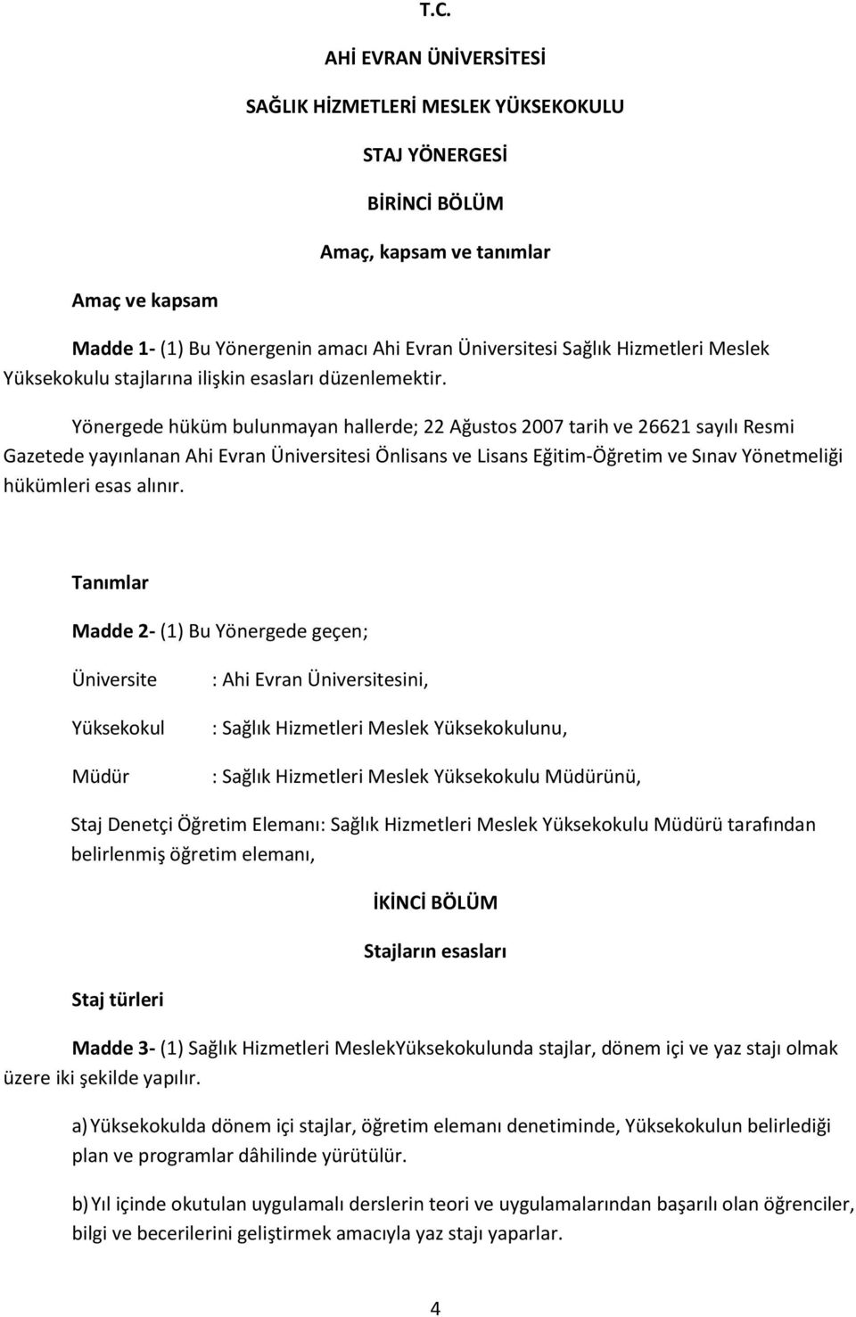 Yönergede hüküm bulunmayan hallerde; 22 Ağustos 2007 tarih ve 26621 sayılı Resmi Gazetede yayınlanan Ahi Evran Üniversitesi Önlisans ve Lisans Eğitim-Öğretim ve Sınav Yönetmeliği hükümleri esas