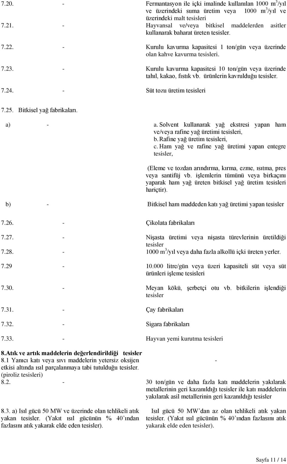 - Kurulu kavurma kapasitesi 10 ton/gün veya üzerinde tahıl, kakao, fıstık vb. ürünlerin kavrulduğu tesisler. 7.24. - Süt tozu üretim tesisleri 7.25. Bitkisel yağ fabrikaları. a) - a.