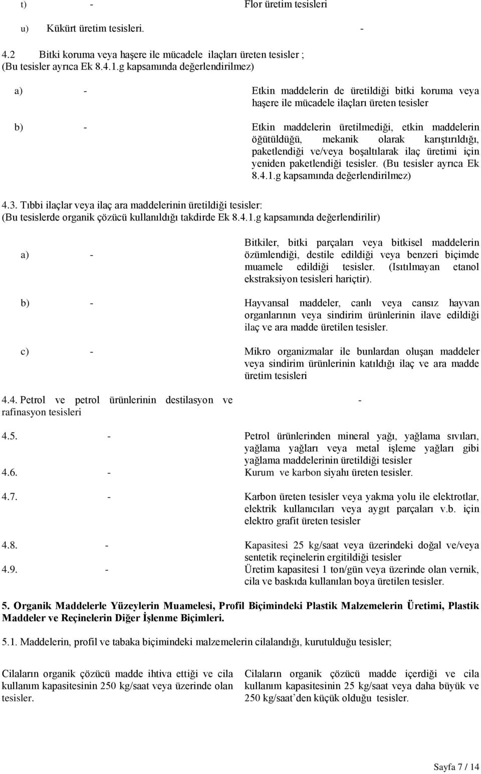 mekanik olarak karıştırıldığı, paketlendiği ve/veya boşaltılarak ilaç üretimi için yeniden paketlendiği tesisler. (Bu tesisler ayrıca Ek 8.4.1.g kapsamında değerlendirilmez) 4.3.