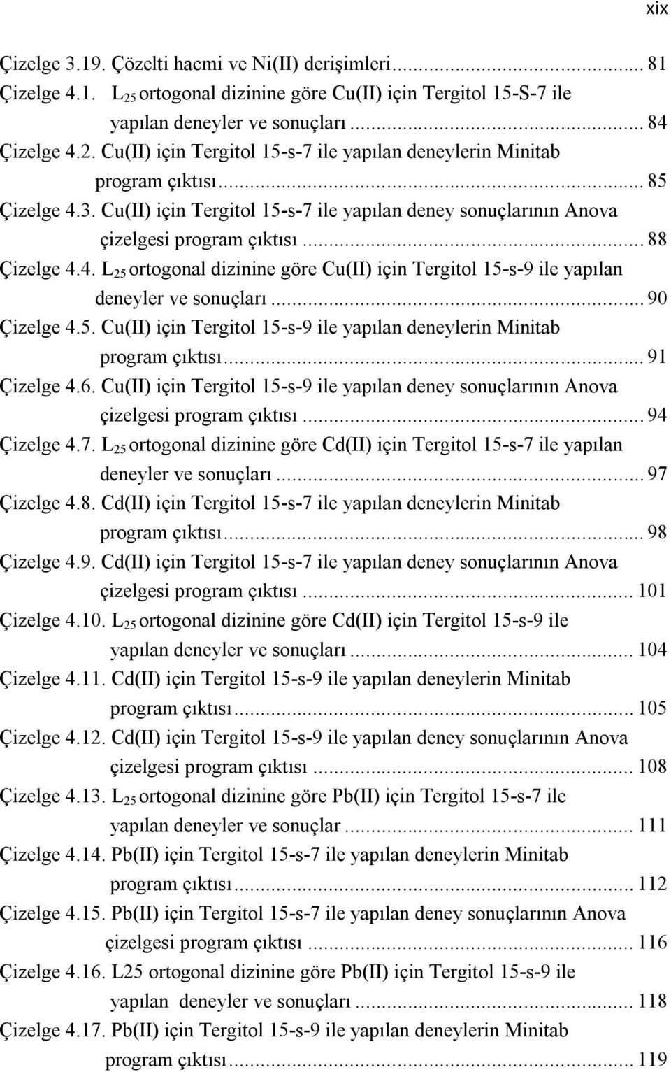 .. 90 Çizelge 4.5. Cu(II) için Tergitol 15-s-9 ile yapılan deneylerin Minitab program çıktısı... 91 Çizelge 4.6.