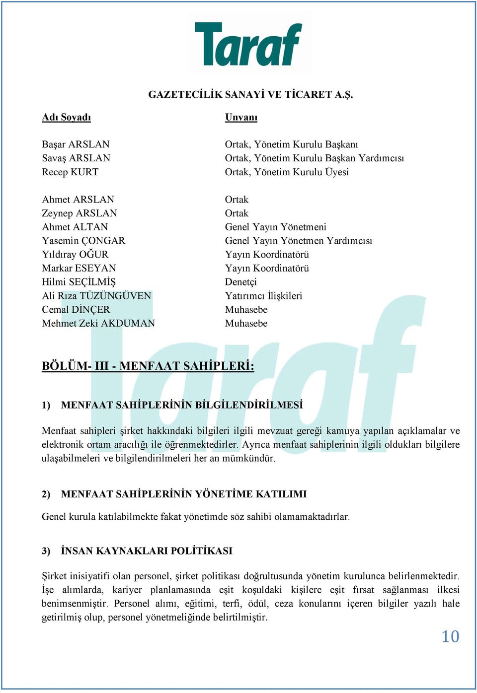 Koordinatörü Denetçi Yatırımcı ĠliĢkileri Muhasebe Muhasebe BÖLÜM- III - MENFAAT SAHĠPLERĠ: 1) MENFAAT SAHĠPLERĠNĠN BĠLGĠLENDĠRĠLMESĠ Menfaat sahipleri Ģirket hakkındaki bilgileri ilgili mevzuat