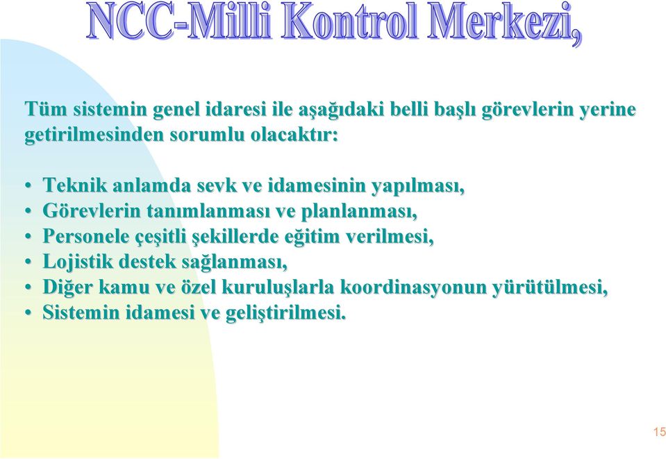 planlanması, Personele çeşitli şekillerde eğitim verilmesi, Lojistik destek sağlanması,