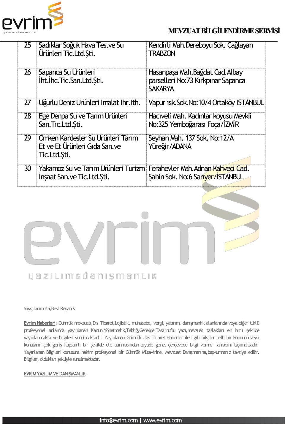 29 Omken Kardeşler Su Ürünleri Tarım Et ve Et Ürünleri Gıda San.ve 30 Yakamoz Su ve Tarım Ürünleri Turizm İnşaat San.ve Hacıveli Mah. Kadınlar koyusu Mevkii No:325 Yeniboğarası Foça/İZMİR Seyhan Mah.