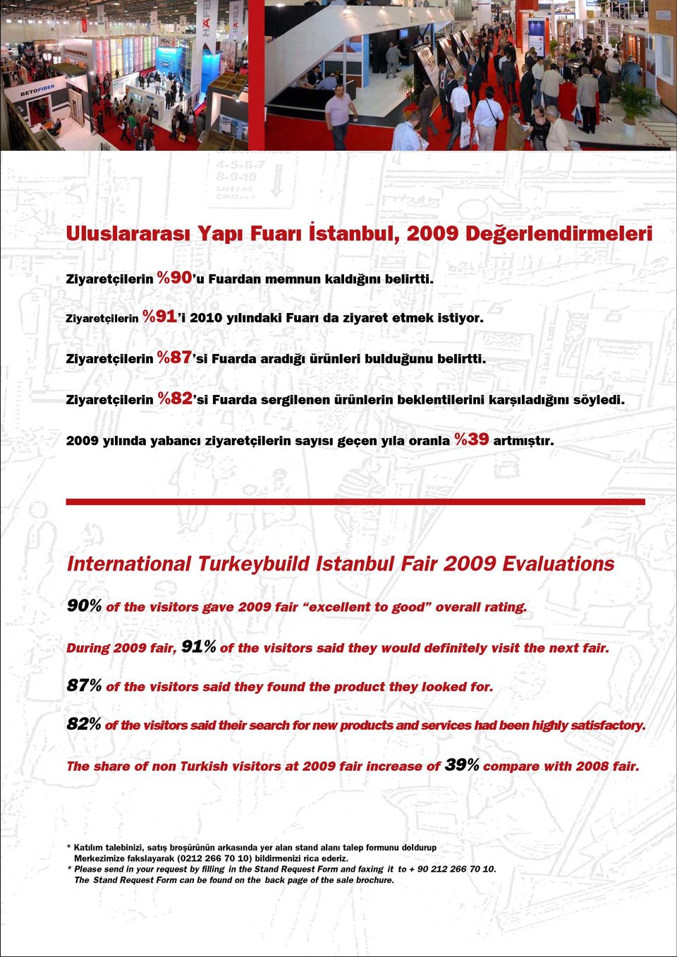 2009 y l nda yabanc ziyaretçilerin say s geçen y la oranla %39 artm flt r. International Turkeybuild Istanbul Fair 2009 Evaluations 90% of the visitors gave 2009 fair excellent to good overall rating.