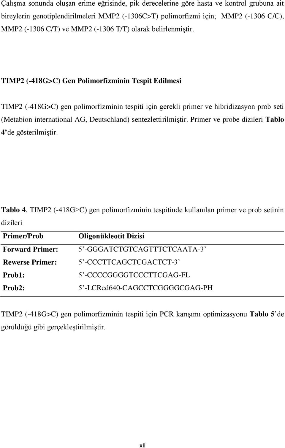 TIMP2 (-418G>C) Gen Polimorfizminin Tespit Edilmesi TIMP2 (-418G>C) gen polimorfizminin tespiti için gerekli primer ve hibridizasyon prob seti (Metabion international AG, Deutschland)