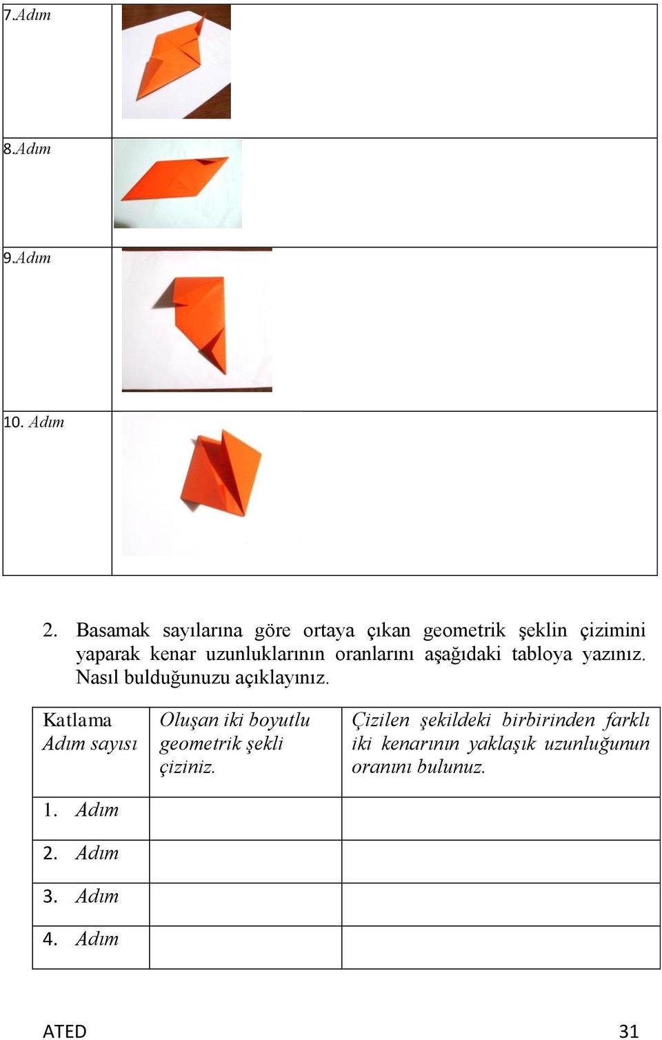 oranlarını aşağıdaki tabloya yazınız. Nasıl bulduğunuzu açıklayınız. Katlama Adım sayısı 1.