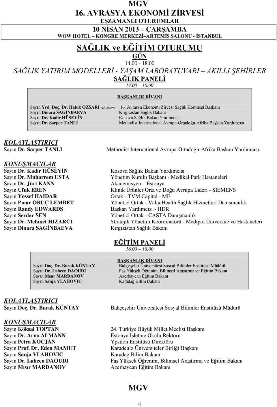 Avrasya Ekonomi Zirvesi Sağlık Komitesi Başkanı Kırgızistan Sağlık Bakanı Kosova Sağlık Bakan Yardımcısı Methodist International Avrupa-Ortadoğu-Afrika Başkan Yardımcısı Sayın Dr.