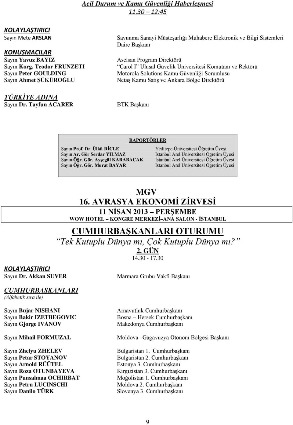 Kamu Güvenliği Sorumlusu Netaş Kamu Satış ve Ankara Bölge Direktörü BTK Başkanı RAPORTÖRLER Sayın Prof. Dr. Ülkü DİCLE Yeditepe Üniversitesi Öğretim Üyesi Sayın Ar. Gör Serdar YILMAZ Sayın Öğr. Gör. Ayşegül KARABACAK Sayın Öğr.