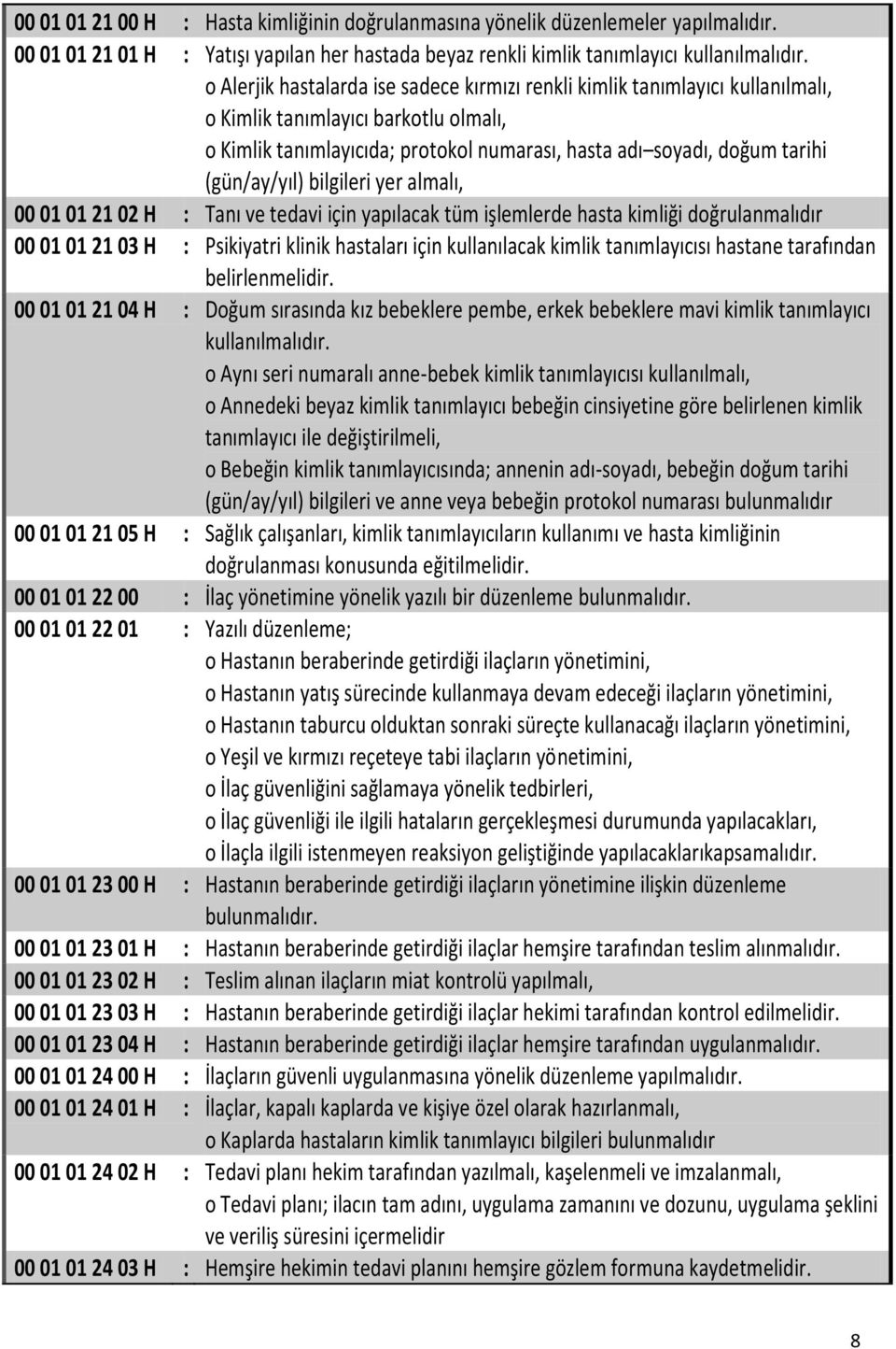 (gün/ay/yıl) bilgileri yer almalı, 00 01 01 21 02 H : Tanı ve tedavi için yapılacak tüm işlemlerde hasta kimliği doğrulanmalıdır 00 01 01 21 03 H : Psikiyatri klinik hastaları için kullanılacak