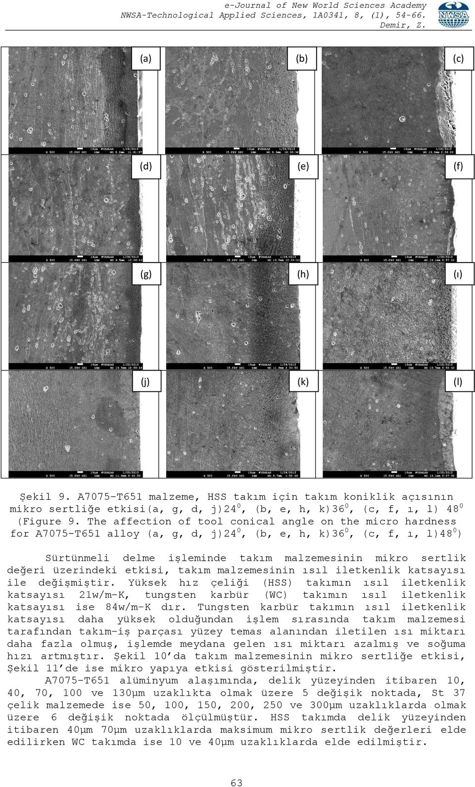 The affection of tool conical angle on the micro hardness for A7075-T651 alloy (a, g, d, j)24 0, (b, e, h, k)36 0, (c, f, ı, l)48 0 ) Sürtünmeli delme işleminde takım malzemesinin mikro sertlik