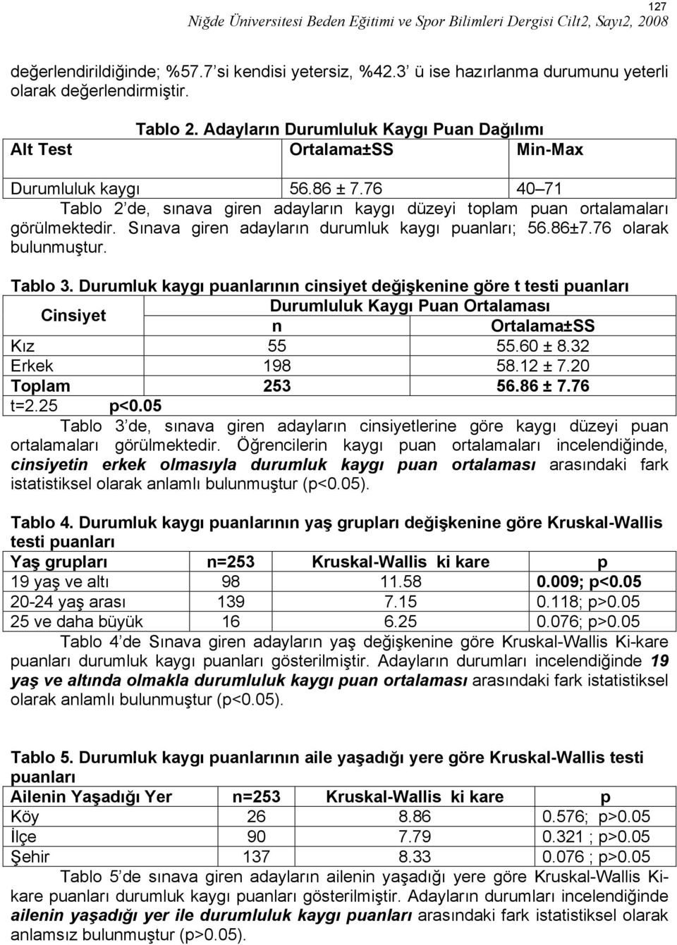 Sınava giren adayların durumluk kaygı puanları; 56.86±7.76 olarak bulunmuştur. Tablo 3.