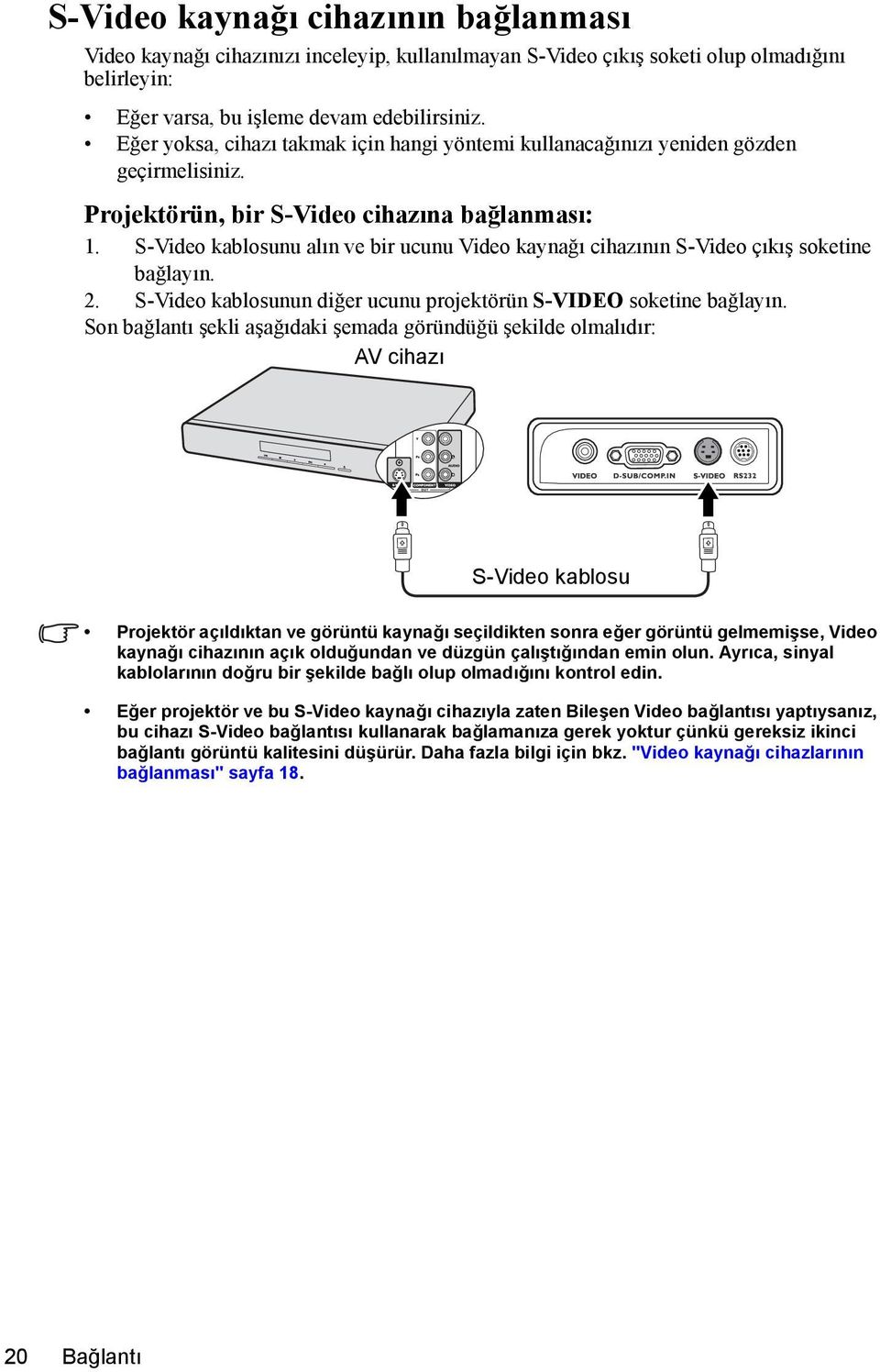 S-Video kablosunu alın ve bir ucunu Video kaynağı cihazının S-Video çıkış soketine bağlayın. 2. S-Video kablosunun diğer ucunu projektörün S-VIDEO soketine bağlayın.