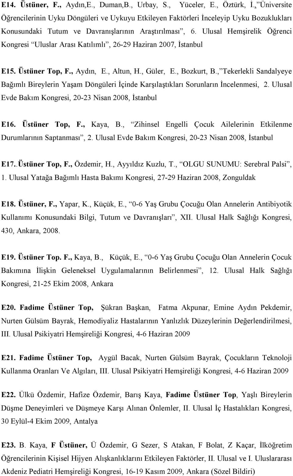 Ulusal Hemşirelik Öğrenci Kongresi Uluslar Arası Katılımlı, 26-29 Haziran 2007, İstanbul E15. Üstüner Top, F., Aydın, E., Altun, H., Güler, E., Bozkurt, B.