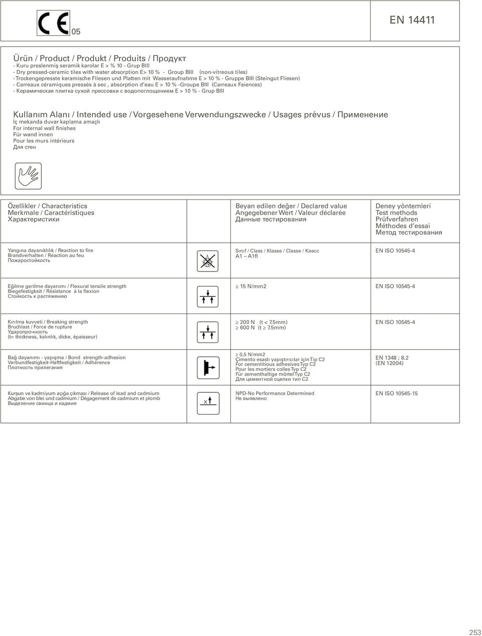 - Керамическая плитка сухой прессовки с водопоглощением E > % - Grup BIII Kullanım Alanı / Intended use / Vorgesehene Verwendungszwecke / Usages prévus / Применение İç mekanda duvar kaplama amaçlı