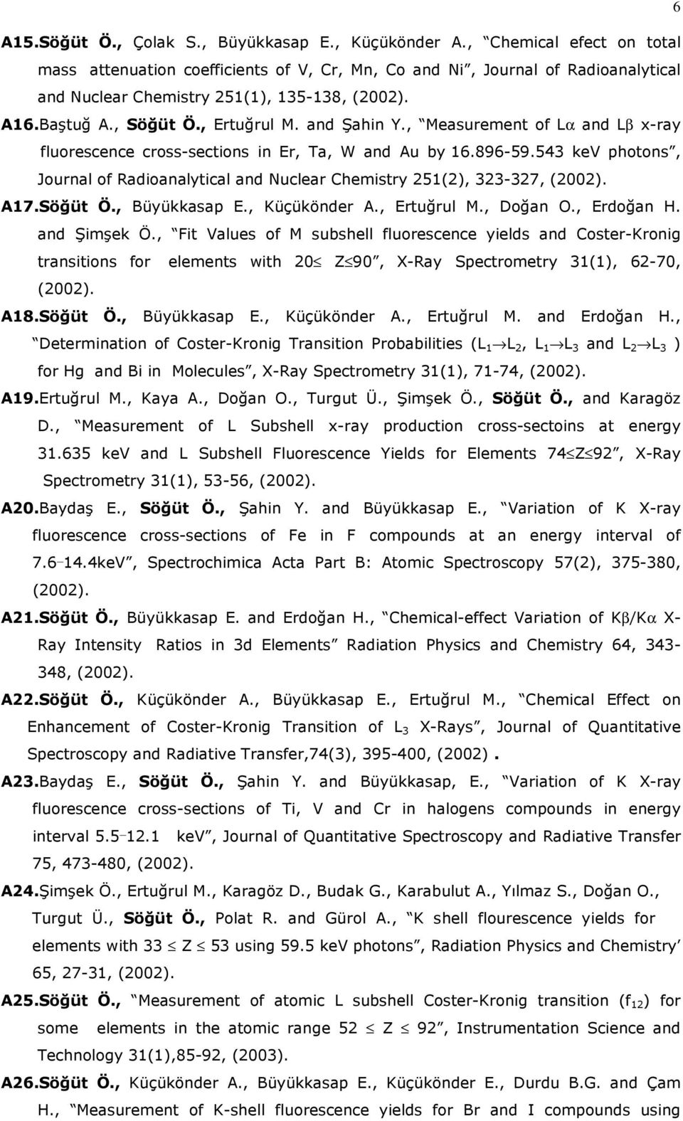 and Şahin Y., Measurement of Lα and Lβ x-ray fluorescence cross-sections in Er, Ta, W and Au by 16.896-59.543 kev photons, Journal of Radioanalytical and Nuclear Chemistry 251(2), 323-327, (2002).