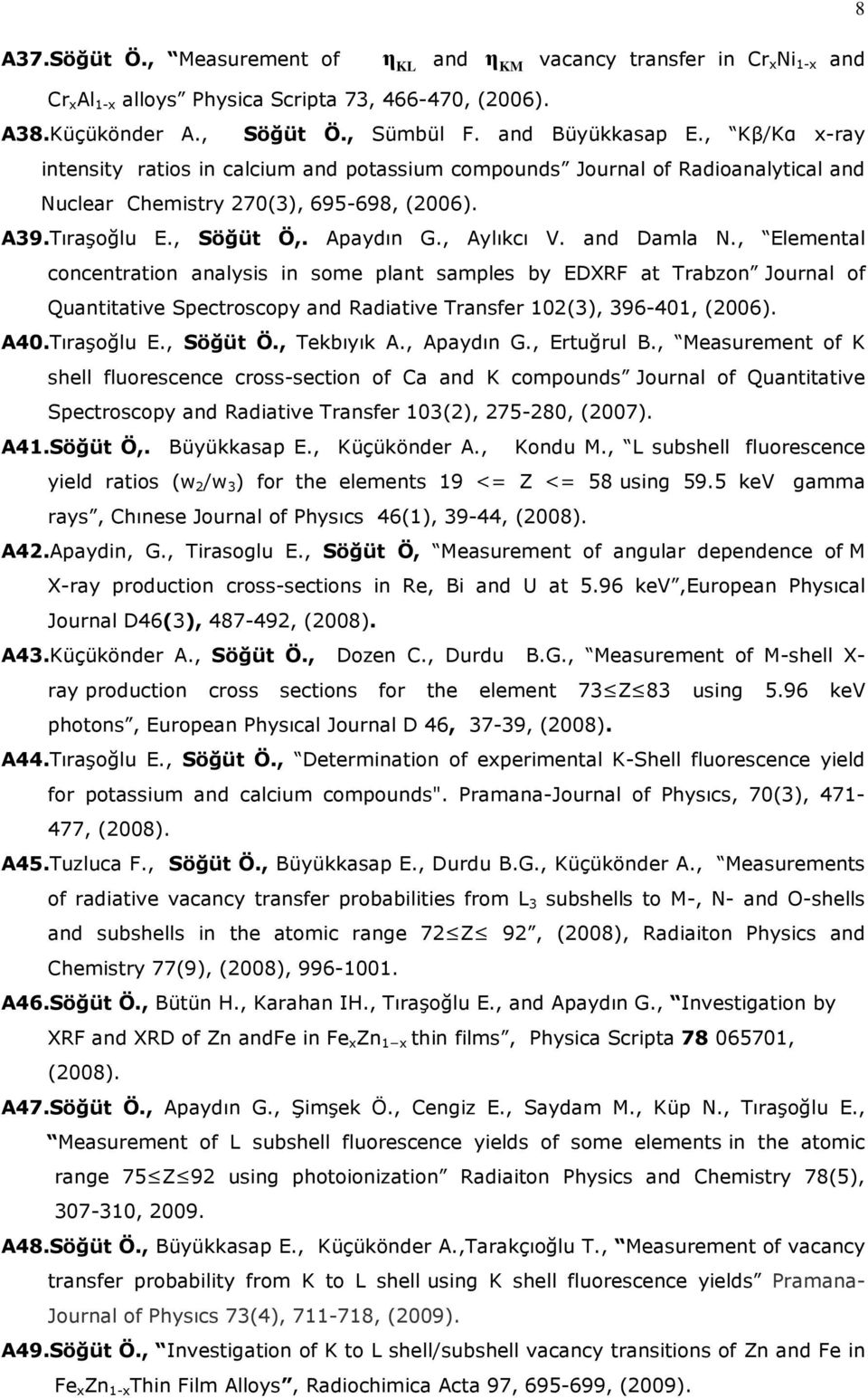 and Damla N., Elemental concentration analysis in some plant samples by EDXRF at Trabzon Journal of Quantitative Spectroscopy and Radiative Transfer 102(3), 396-401, (2006). A40.Tıraşoğlu E., Söğüt Ö.