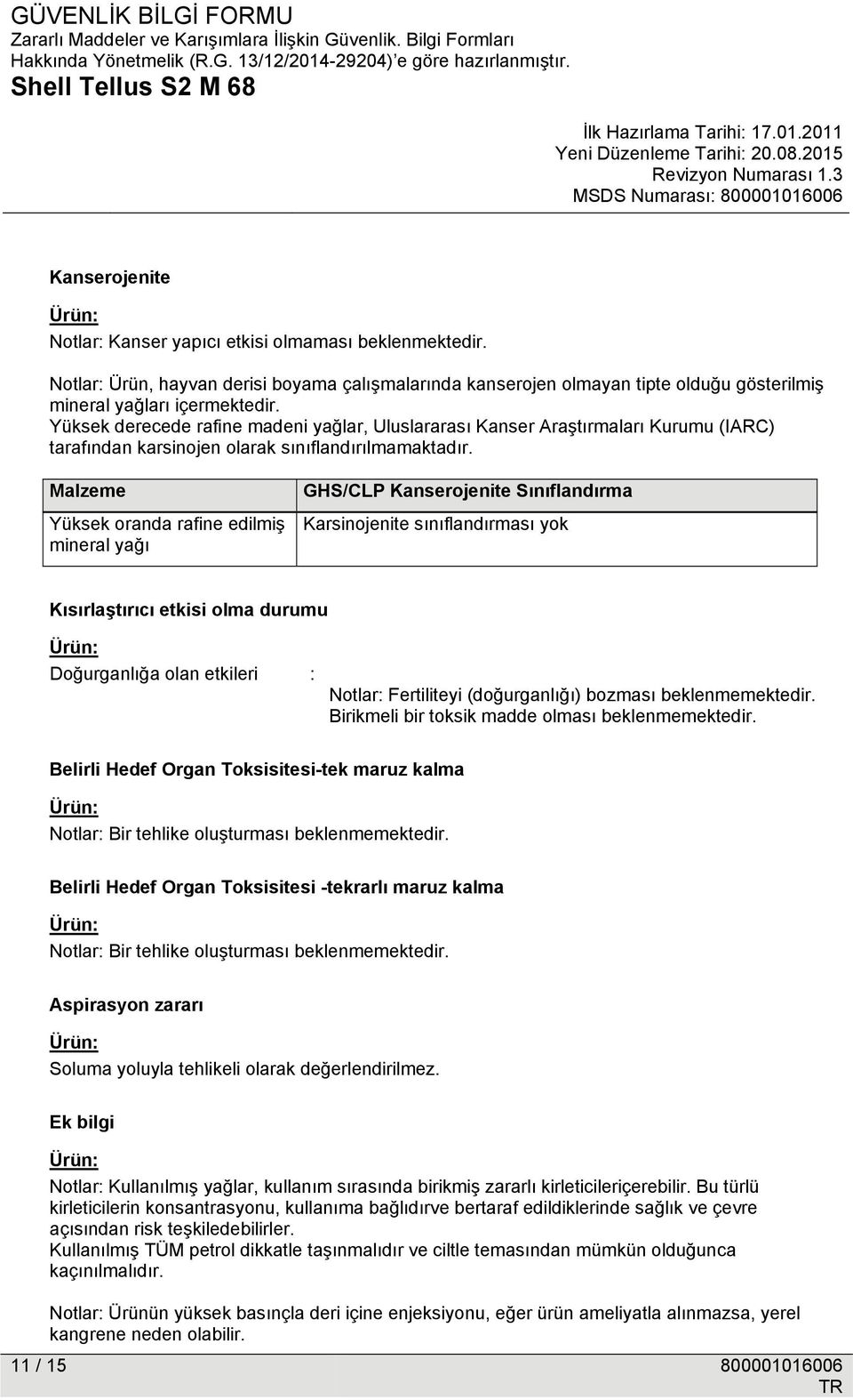 Malzeme Yüksek oranda rafine edilmiş mineral yağı GHS/CLP Kanserojenite Sınıflandırma Karsinojenite sınıflandırması yok Kısırlaştırıcı etkisi olma durumu Doğurganlığa olan etkileri : Notlar: