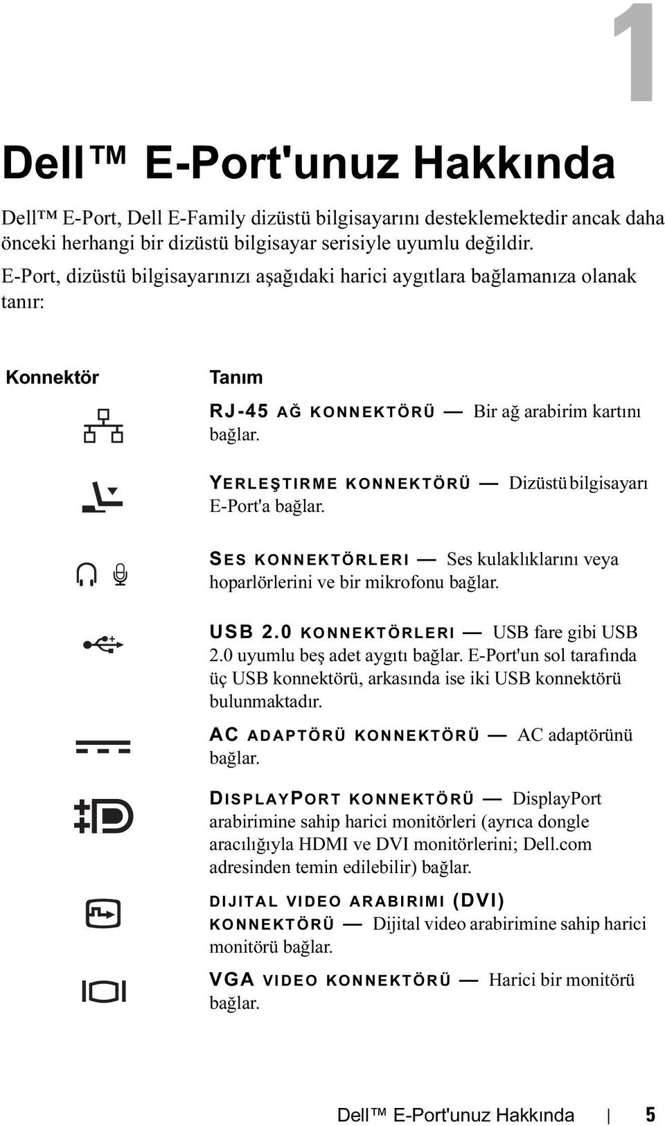 YERLEŞTIRME KONNEKTÖRÜ Dizüstü bilgisayarı E-Port'a bağlar. S ES KONNEKTÖRLERI Ses kulaklıklarını veya hoparlörlerini ve bir mikrofonu bağlar. USB 2.0 KONNEKTÖRLERI USB fare gibi USB 2.