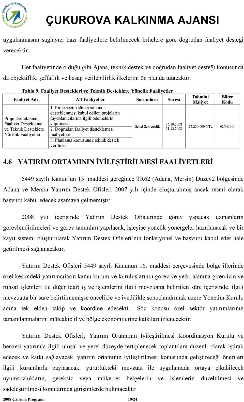 Faaliyet Destekleri ve Teknik Desteklere Yönelik Faaliyetler Faaliyet Adı Alt Faaliyetler Sorumlusu Süresi Proje Destekleme, Faaliyet Destekleme ve Teknik Desteklere Yönelik Faaliyetler 1.