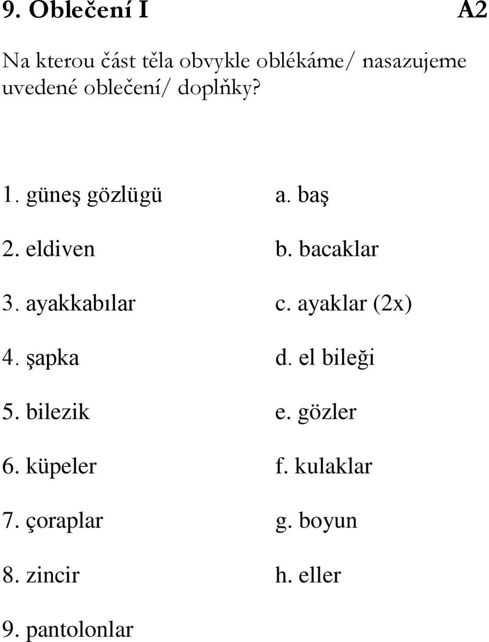 bacaklar 3. ayakkabılar c. ayaklar (2x) 4. şapka d. el bileği 5.