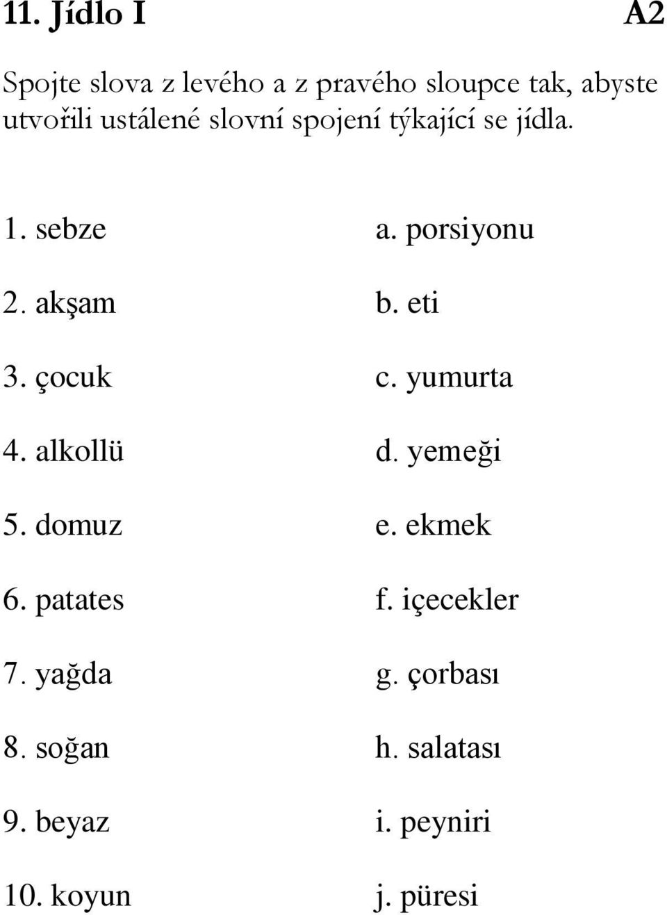 eti 3. çocuk c. yumurta 4. alkollü d. yemeği 5. domuz e. ekmek 6. patates f.