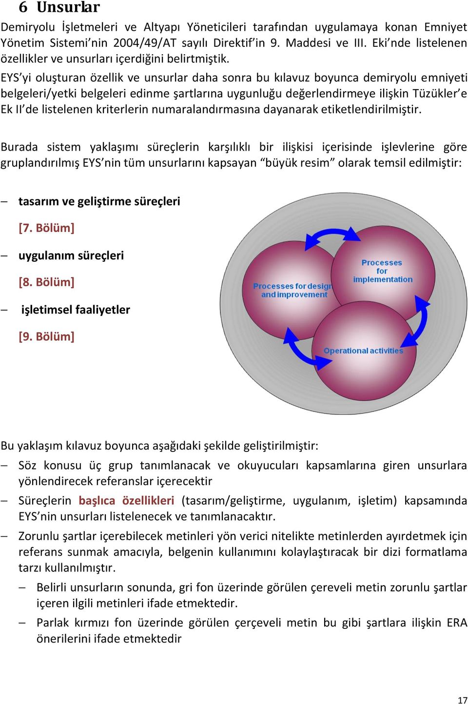 EYS yi oluşturan özellik ve unsurlar daha sonra bu kılavuz boyunca demiryolu emniyeti belgeleri/yetki belgeleri edinme şartlarına uygunluğu değerlendirmeye ilişkin Tüzükler e Ek II de listelenen