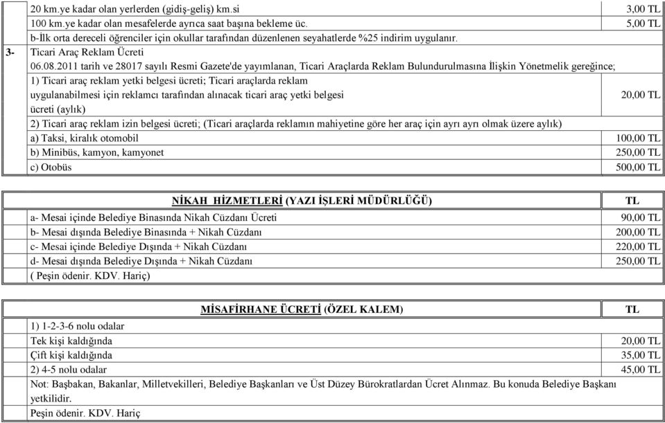 2011 tarih ve 28017 sayılı Resmi Gazete'de yayımlanan, Ticari Araçlarda Reklam Bulundurulmasına İlişkin Yönetmelik gereğince; 1) Ticari araç reklam yetki belgesi ücreti; Ticari araçlarda reklam