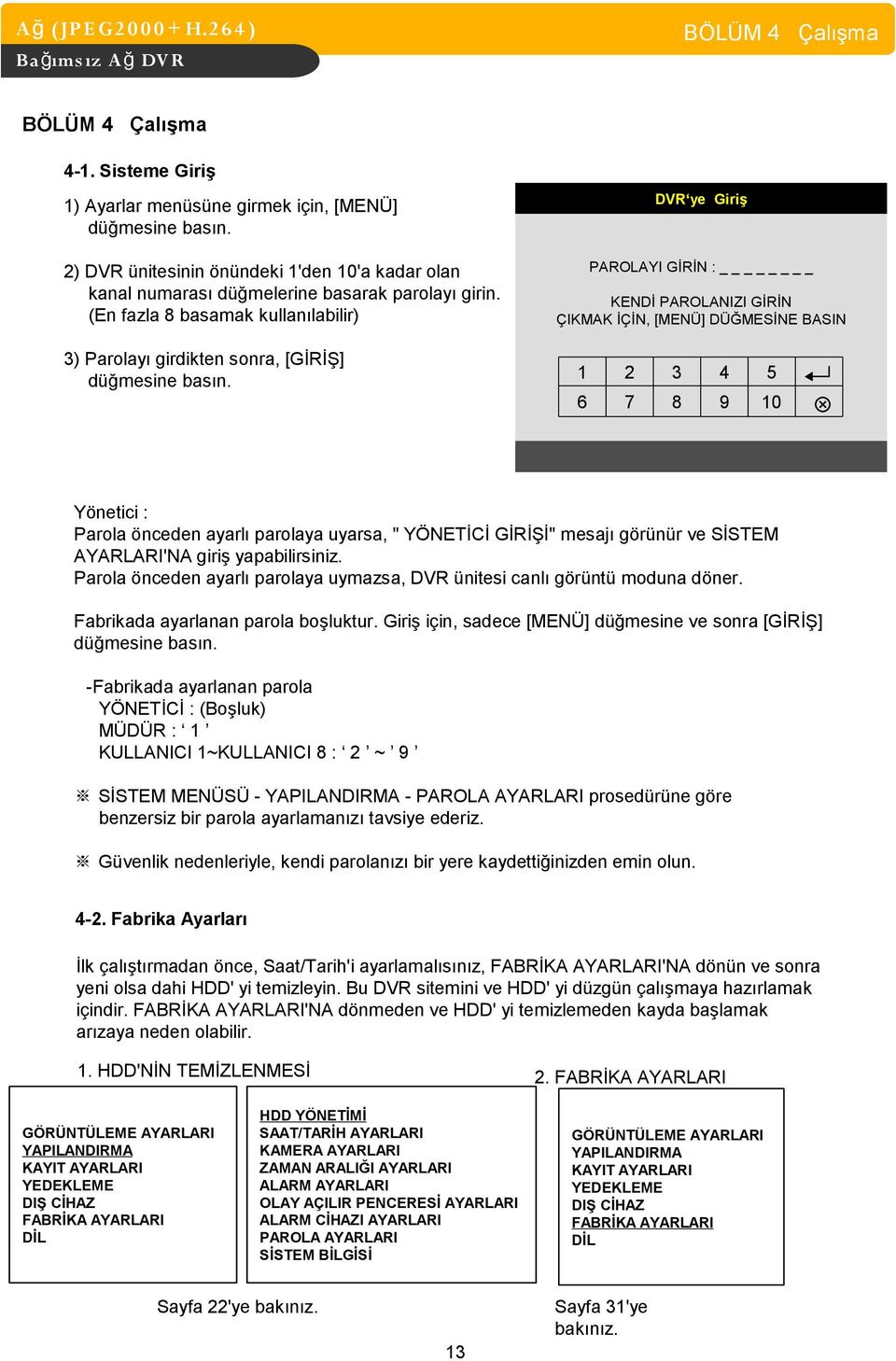 PAROLAYI GİRİN : KENDİ PAROLANIZI GİRİN ÇIKMAK İÇİN, [MENÜ] DÜĞMESİNE BASIN 1 2 3 4 5 6 7 8 9 10 Yönetici : Parola önceden ayarlı parolaya uyarsa, " YÖNETİCİ GİRİŞİ" mesajı görünür ve SİSTEM