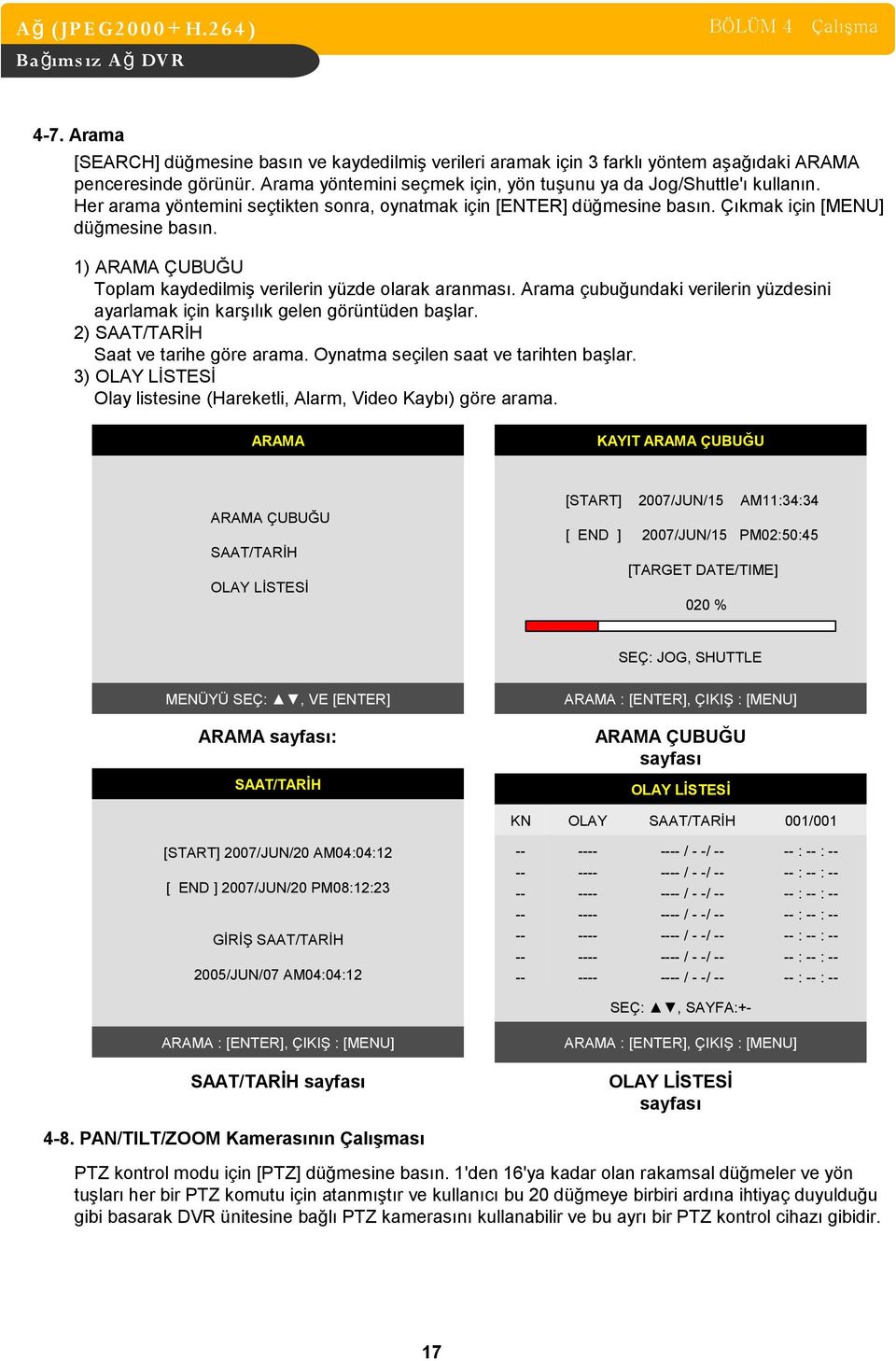 1) ARAMA ÇUBUĞU Toplam kaydedilmiş verilerin yüzde olarak aranması. Arama çubuğundaki verilerin yüzdesini ayarlamak için karşılık gelen görüntüden başlar. 2) SAAT/TARİH Saat ve tarihe göre arama.