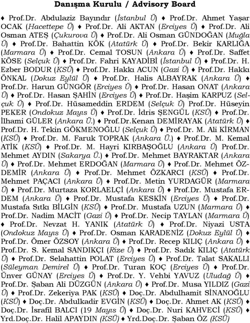 Dr. Hakkı ACUN (Gazi Ü) Prof.Dr. Hakkı ÖNKAL (Dokuz Eylül Ü) Prof.Dr. Halis ALBAYRAK (Ankara Ü) Prof.Dr. Harun GÜNGÖR (Erciyes Ü) Prof.Dr. Hasan ONAT (Ankara Ü) Prof.Dr. Hasan ŞAHİN (Erciyes Ü) Prof.