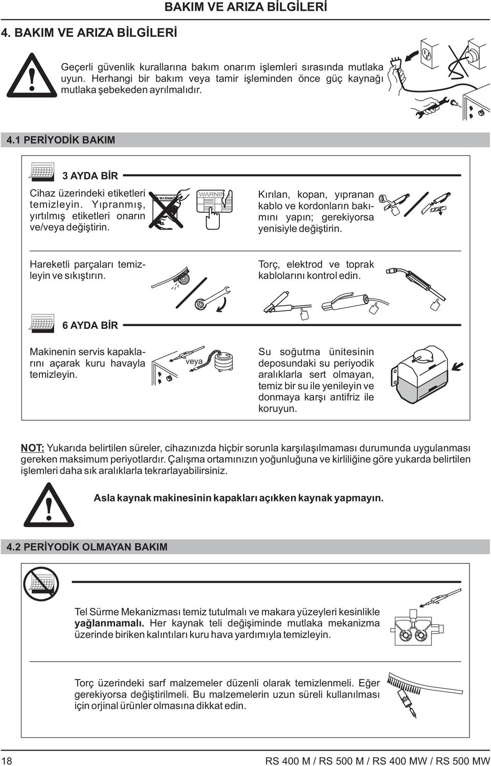 Yıpranmış, yırtılmış etiketleri onarın ve/veya değiştirin. Kırılan, kopan, yıpranan kablo ve kordonların bakımını yapın; gerekiyorsa yenisiyle değiştirin. Hareketli parçaları temizleyin ve sıkıştırın.