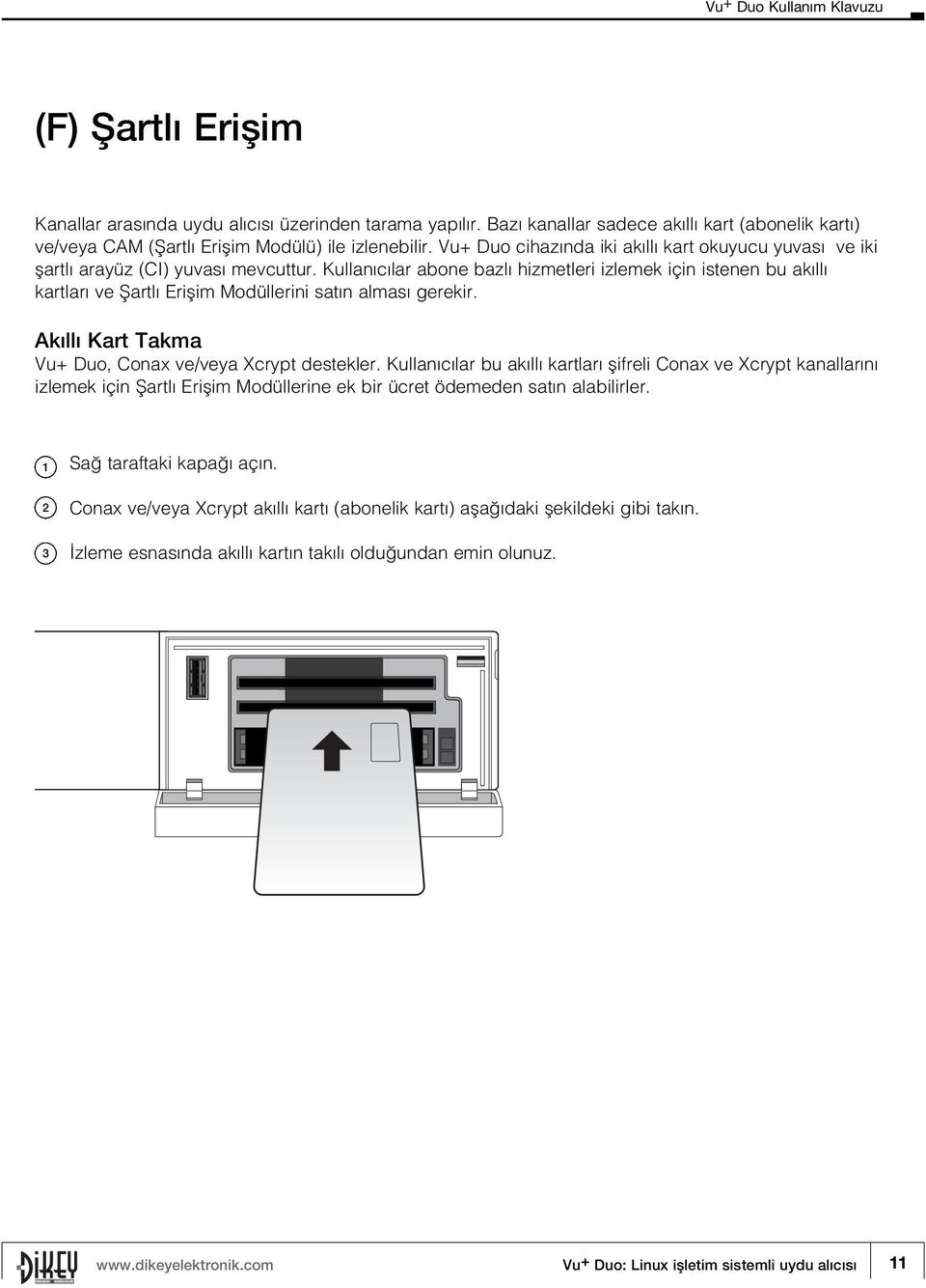 Kullan c lar abone bazl hizmetleri izlemek için istenen bu ak ll kartlar ve fiartl Eriflim Modüllerini sat n almas gerekir. Ak ll Kart Takma Vu+ Duo, Conax ve/veya Xcrypt destekler.