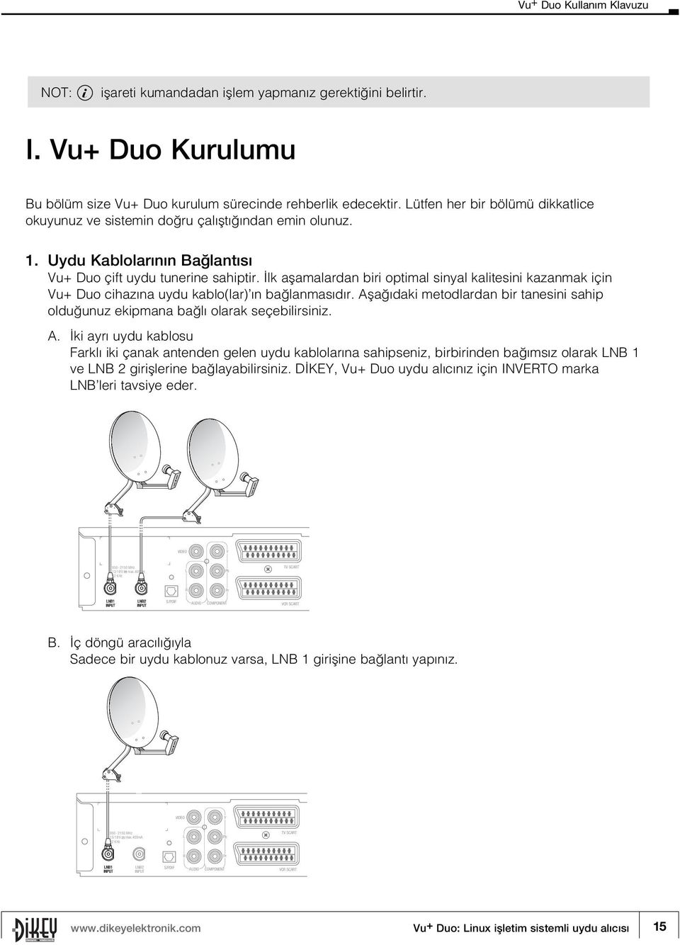 lk aflamalardan biri optimal sinyal kalitesini kazanmak için Vu+ Duo cihaz na uydu kablo(lar) n ba lanmas d r. Afla daki metodlardan bir tanesini sahip oldu unuz ekipmana ba l olarak seçebilirsiniz.